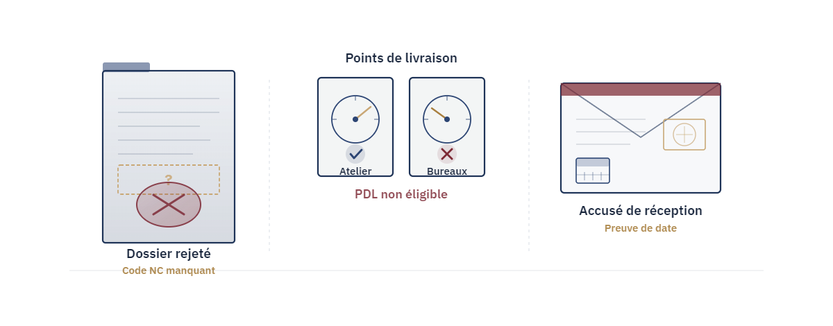 Dossier rejeté avec tampon croix, deux compteurs PDL (atelier éligible, bureaux non), enveloppe recommandée avec cachet doré